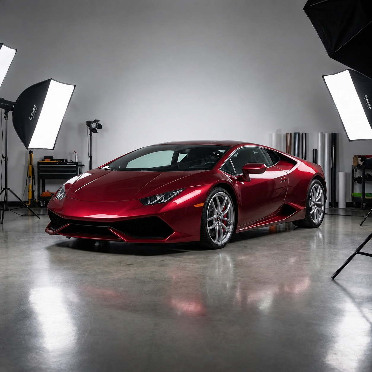 Red luxury supercar with a glossy metallic finish displayed in a professional automotive studio.