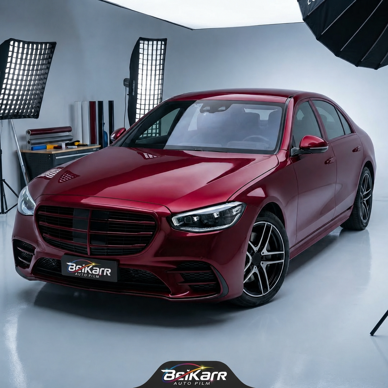 Red luxury sedan with a glossy metallic finish displayed in a professional automotive studio.