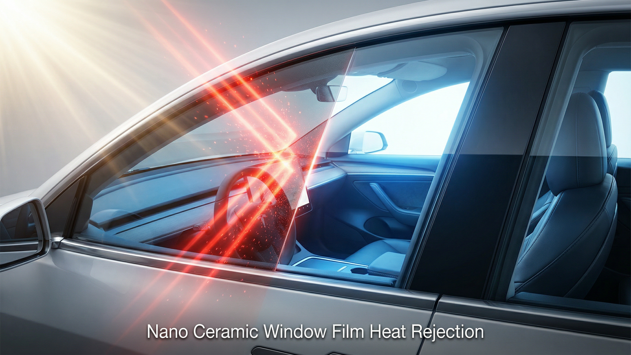 ar window with nano ceramic film blocking infrared heat rays, showing red beams rejected outside and cool blue interior comfort, symbolizing heat rejection technology