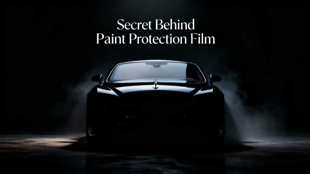 Luxury black car with glossy finish under dramatic lighting, showcasing the effect of paint protection film and self-healing technology in preserving vehicle aesthetics.