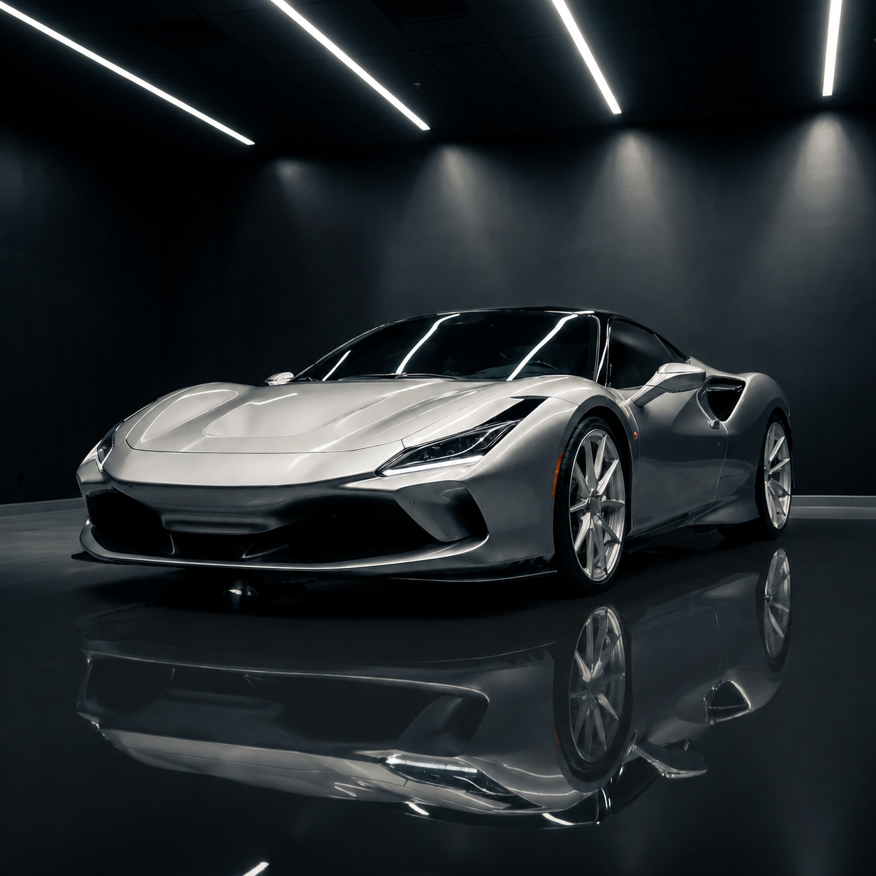 silver luxury sports car with glossy paint protection finish in professional studio lighting