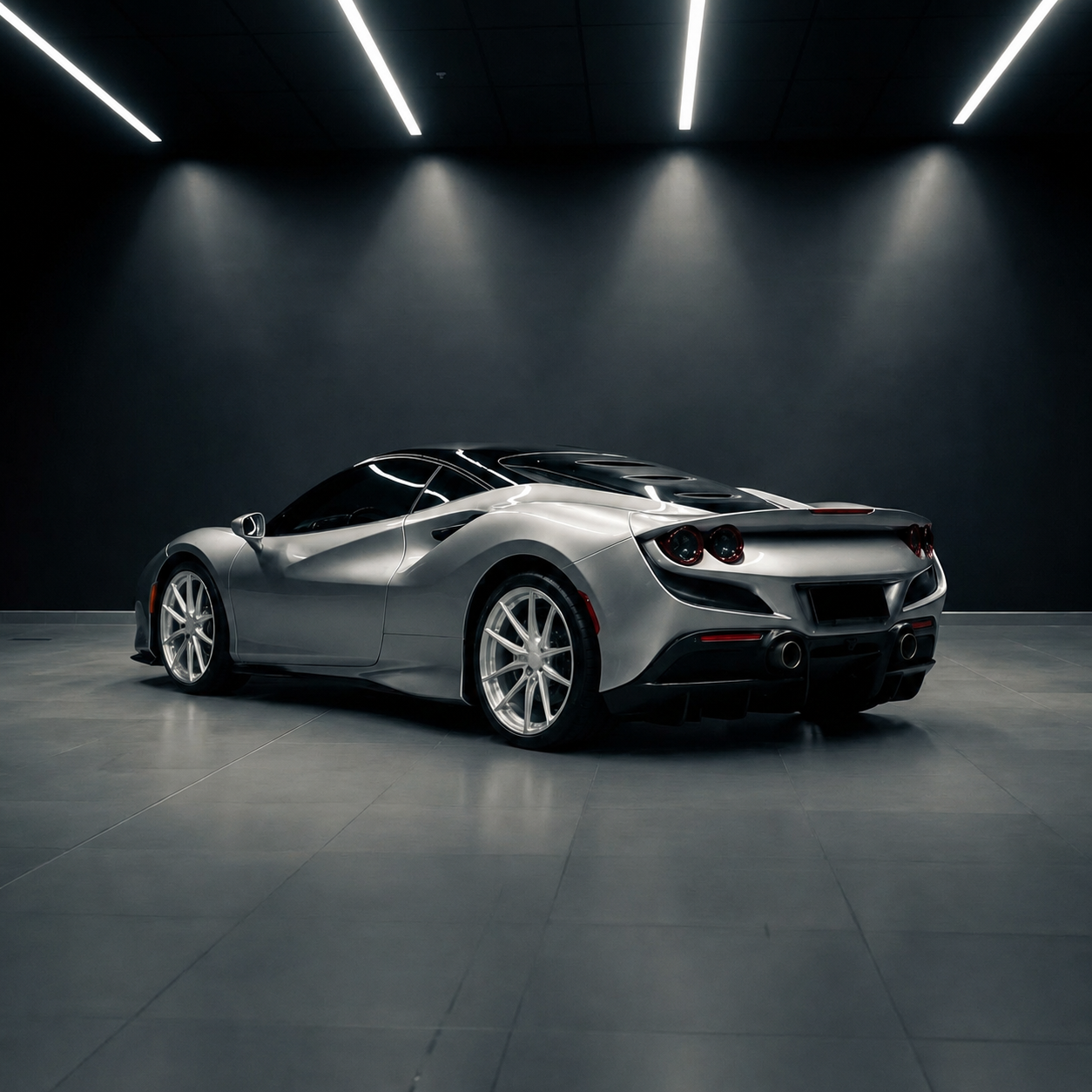 Silver luxury sports car rear three-quarter view in a professional detailing studio with a glossy paint protection finish.