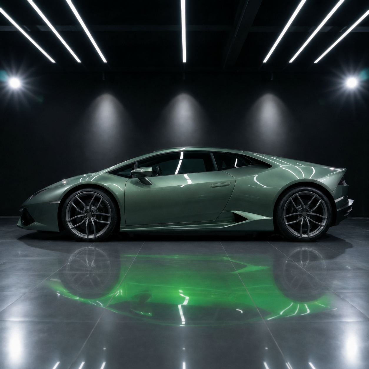 Green TPU color PPF wrapped supercar with glossy finish in dark studio lighting