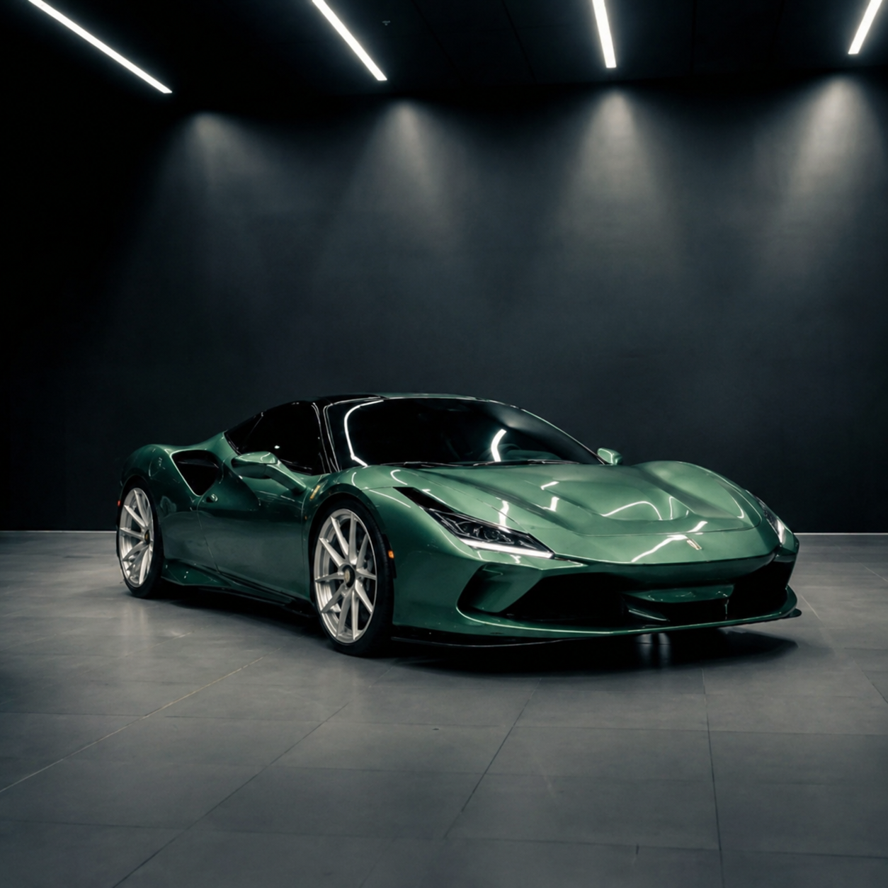 Green gloss TPU color PPF wrapped exotic sports car in studio lighting