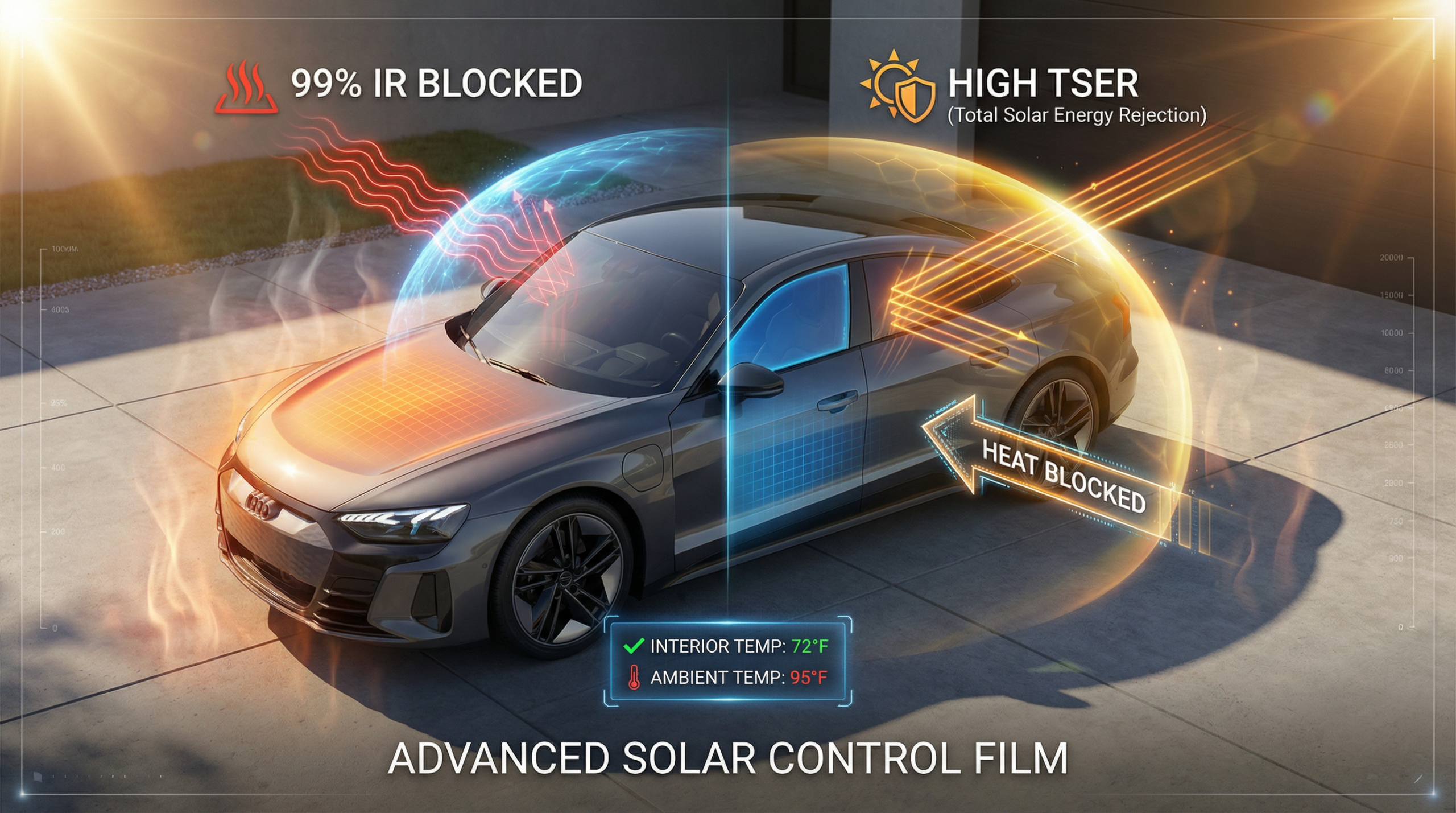 Car with advanced window tint blocking infrared and solar heat, illustrating TSER vs IRR performance with temperature comparison