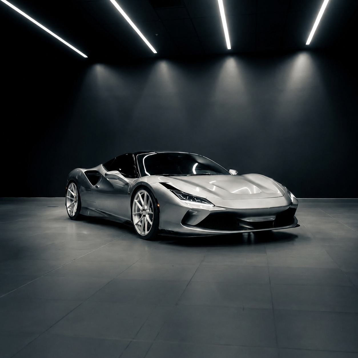 silver luxury supercar with glossy paint protection film finish in dark studio