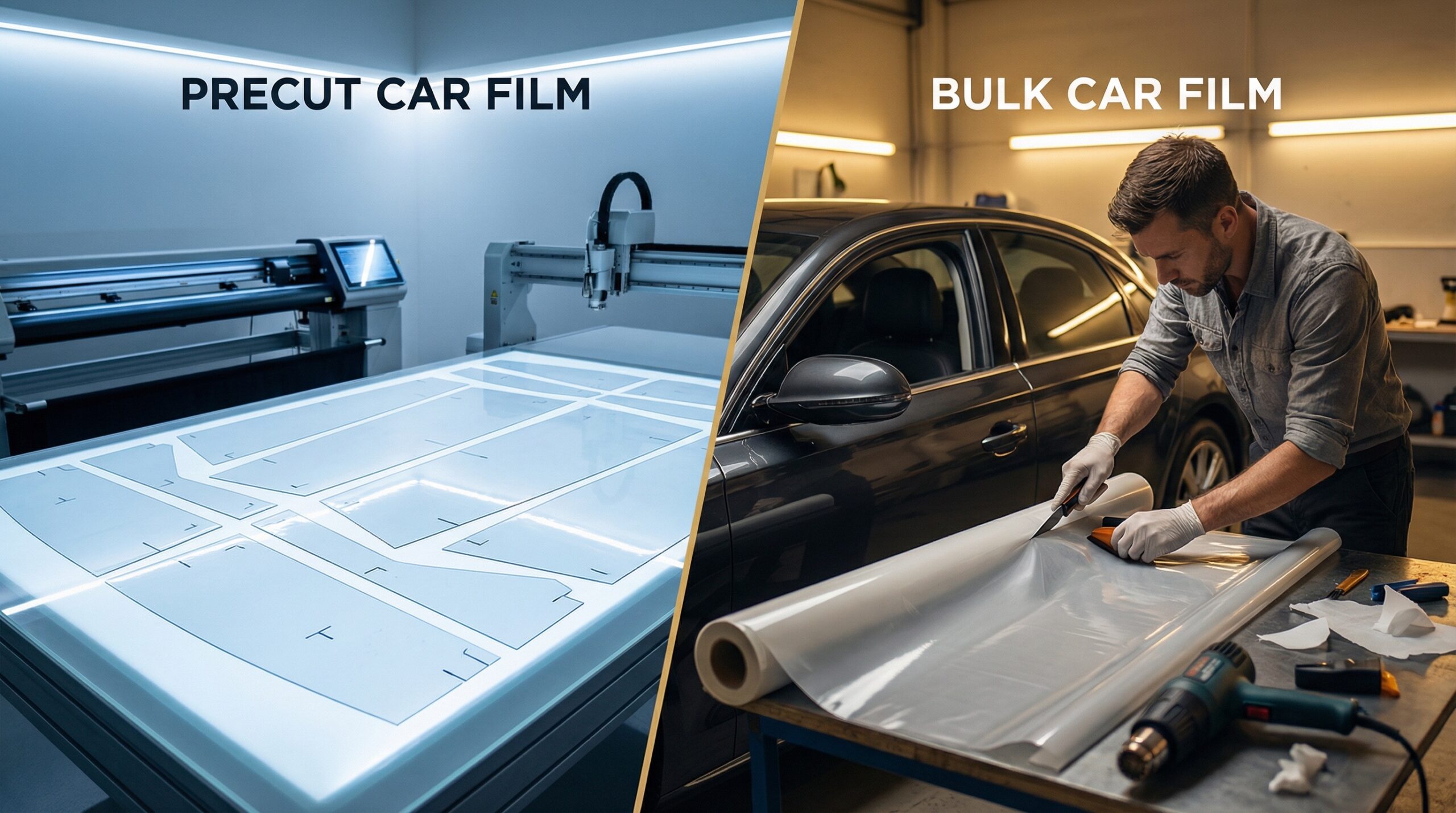 Precut vs bulk car film comparison showing differences in installation and film format