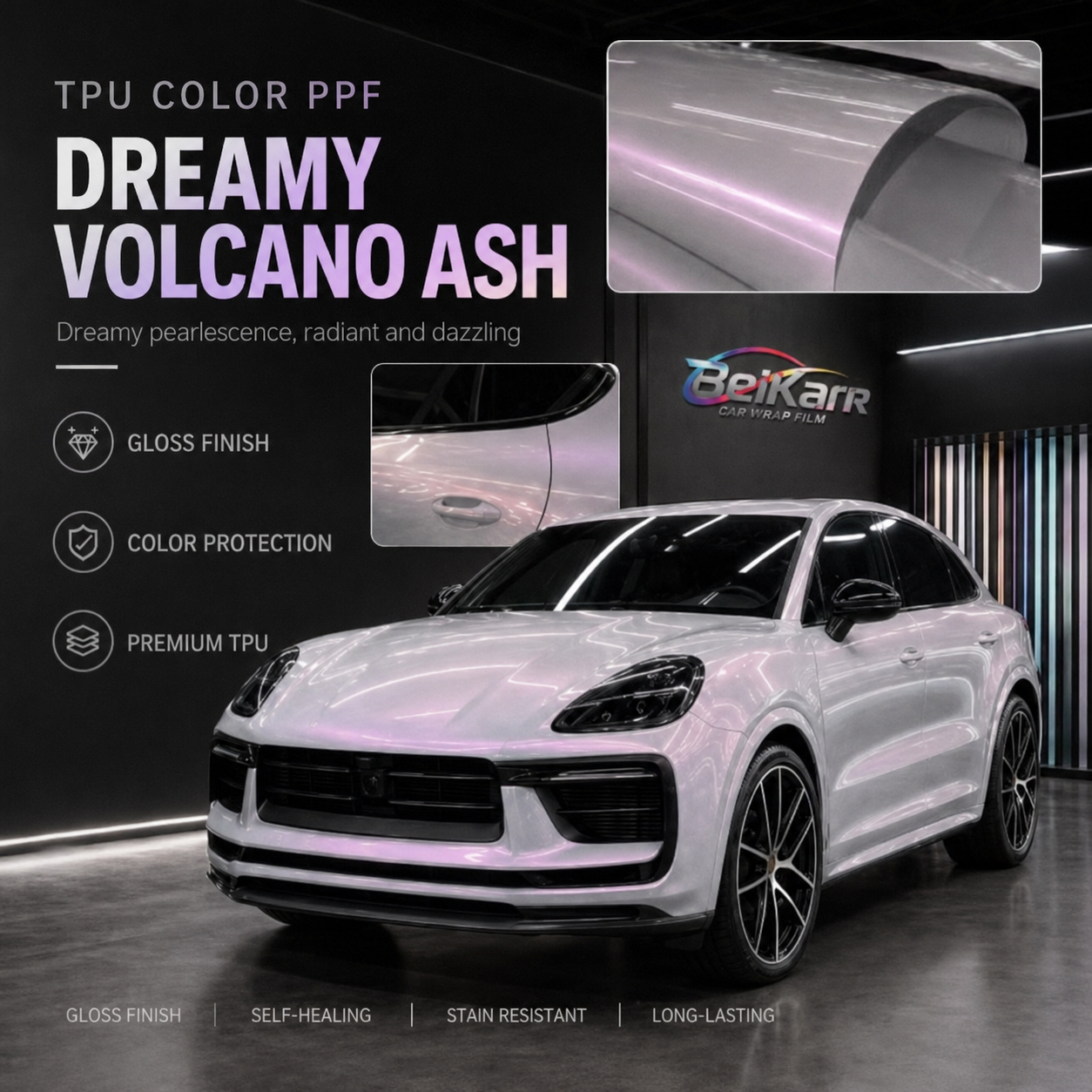 Dreamy Volcano Ash TPU color PPF installed on a luxury car with pearl gloss finish