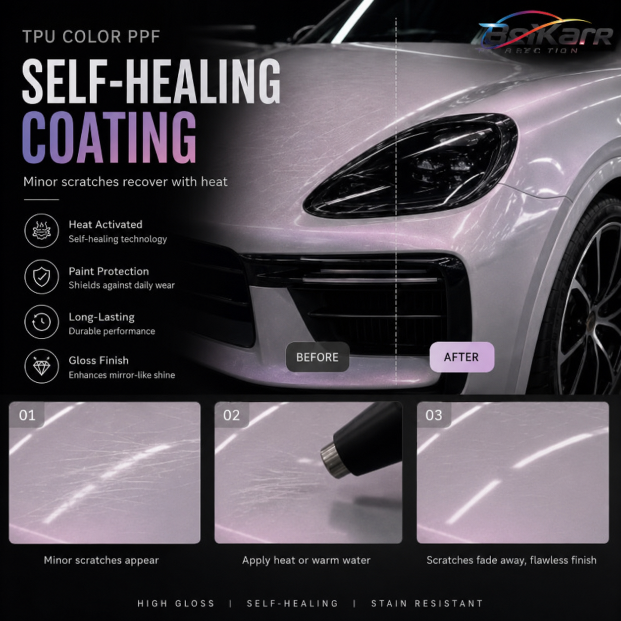 TPU color PPF self-healing coating demonstration showing scratch recovery on a vehicle surface