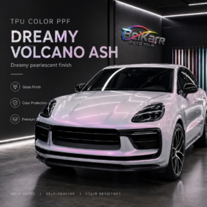 White car with TPU color paint protection film installed in a premium automotive film studio