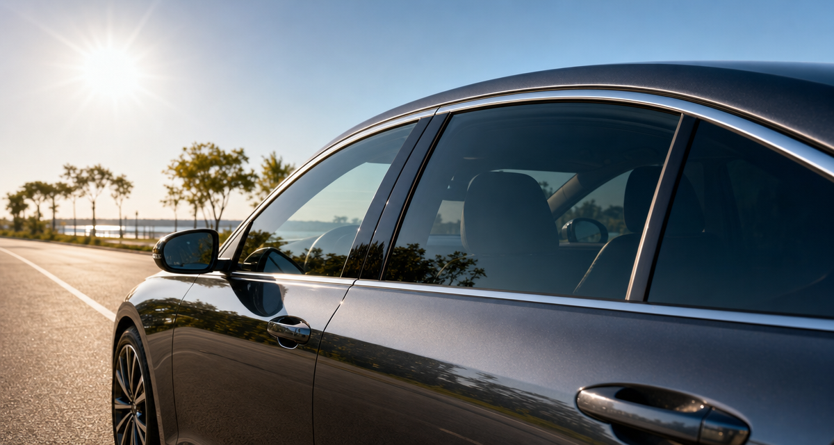 Modern car with premium window tint reducing sunlight, glare, heat, and UV exposure on a sunny road