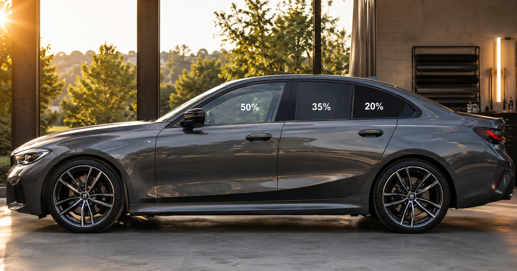 Modern gray sedan showing different window tint percentages for daily driving privacy and visibility