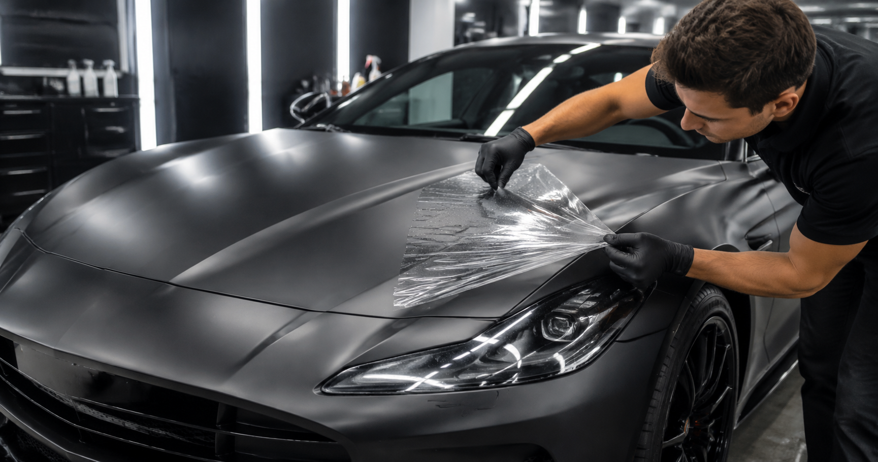 Technician applying clear paint protection film on a matte black car to protect the matte finish