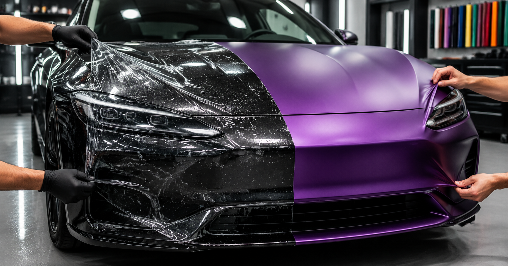 Car showing both paint protection film and vinyl wrap installation in an automotive detailing studio