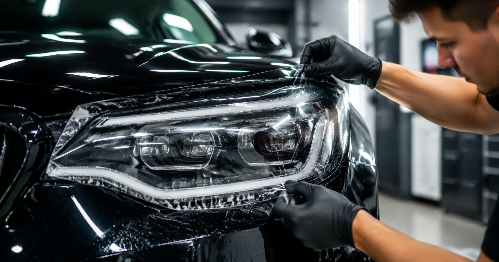 Technician applying clear PPF headlight protection film to a car headlight in a detailing studio