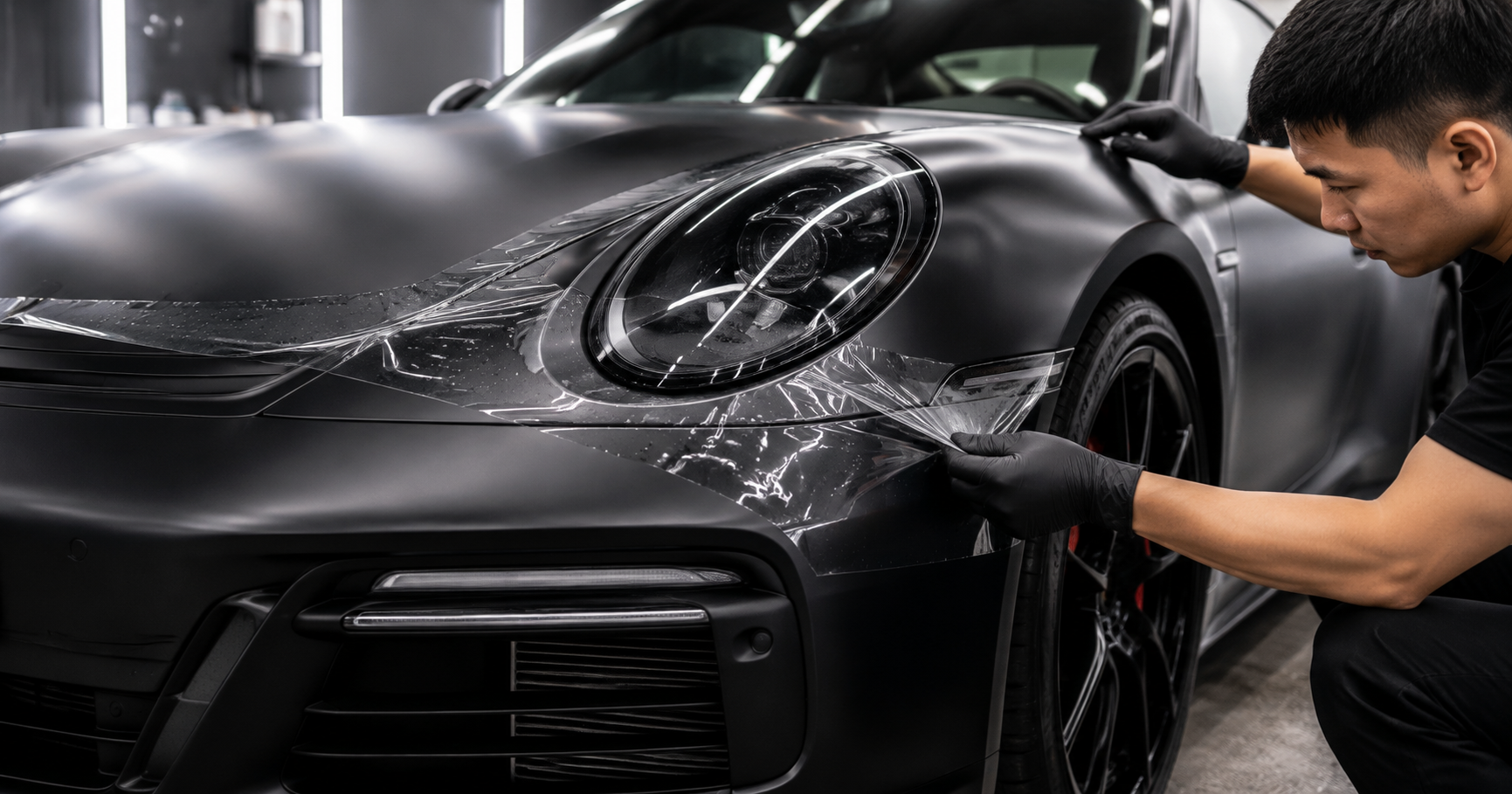 Matte black car with paint protection film being installed to protect the matte paint finish