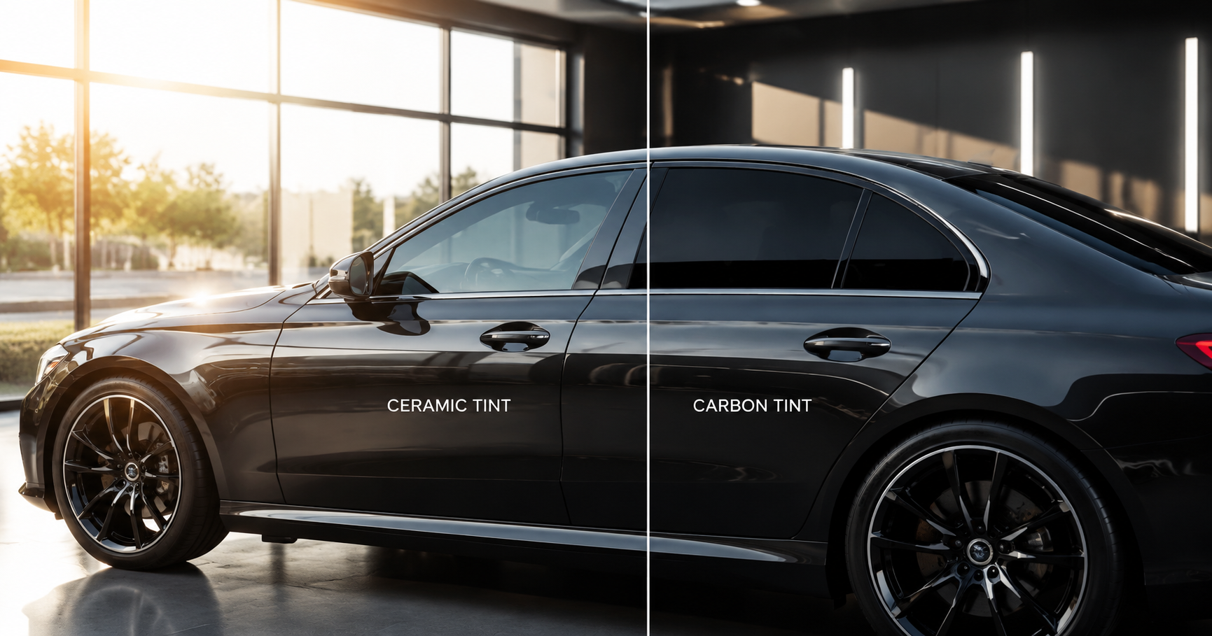 Ceramic tint vs carbon tint comparison on a luxury car window film installation