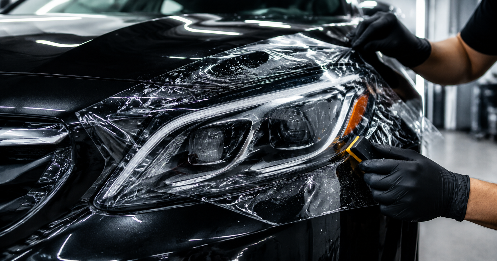 Headlight protection film installation on a black car to protect headlights from scratches and road damage