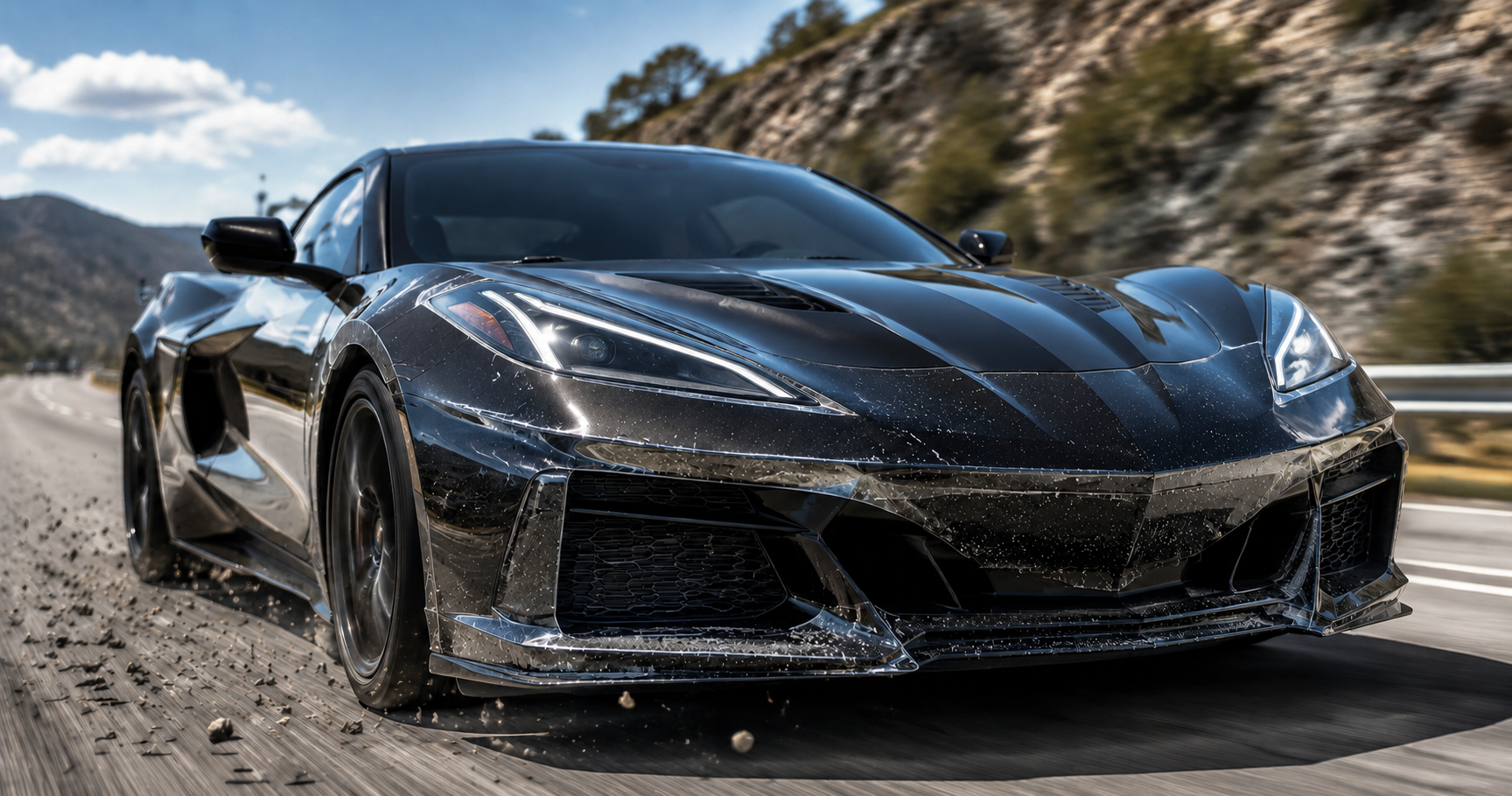 Sports car driving on a highway with paint protection film protecting the front end from rock chips and road debris
