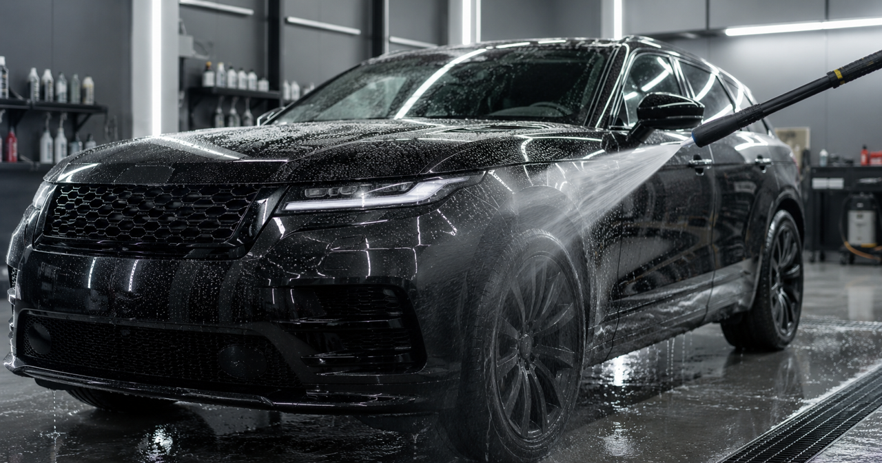 Professional pressure washing of a vehicle protected with clear paint protection film using safe washing techniques.
