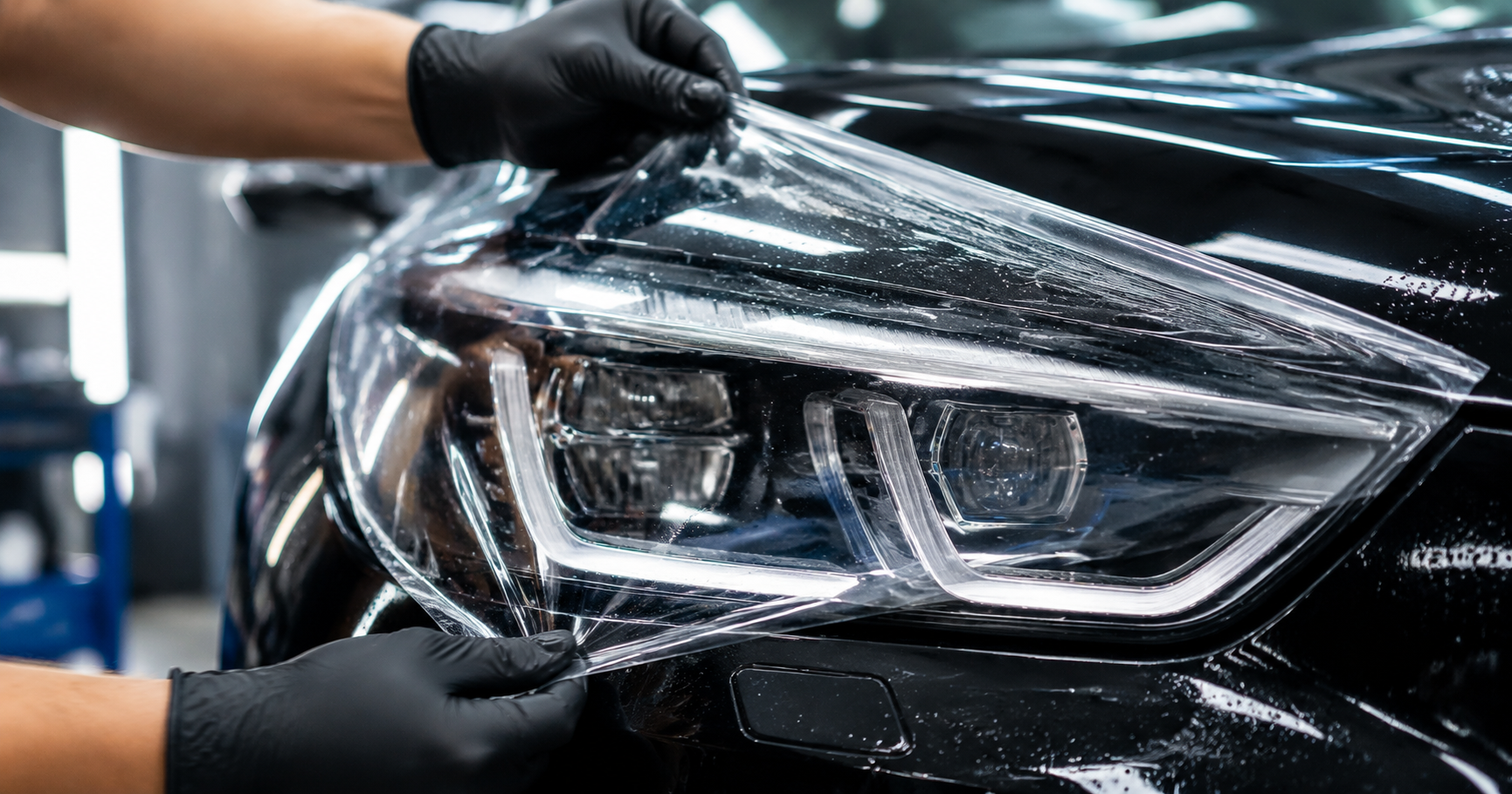 Professional installer applying clear TPU protection film to a modern LED car headlight