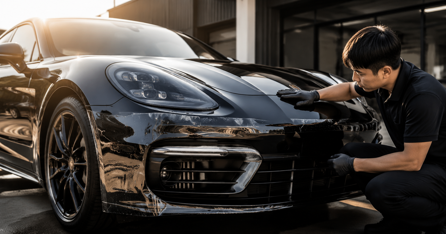 Black luxury car with paint protection film installed to protect against UV exposure and sun damage