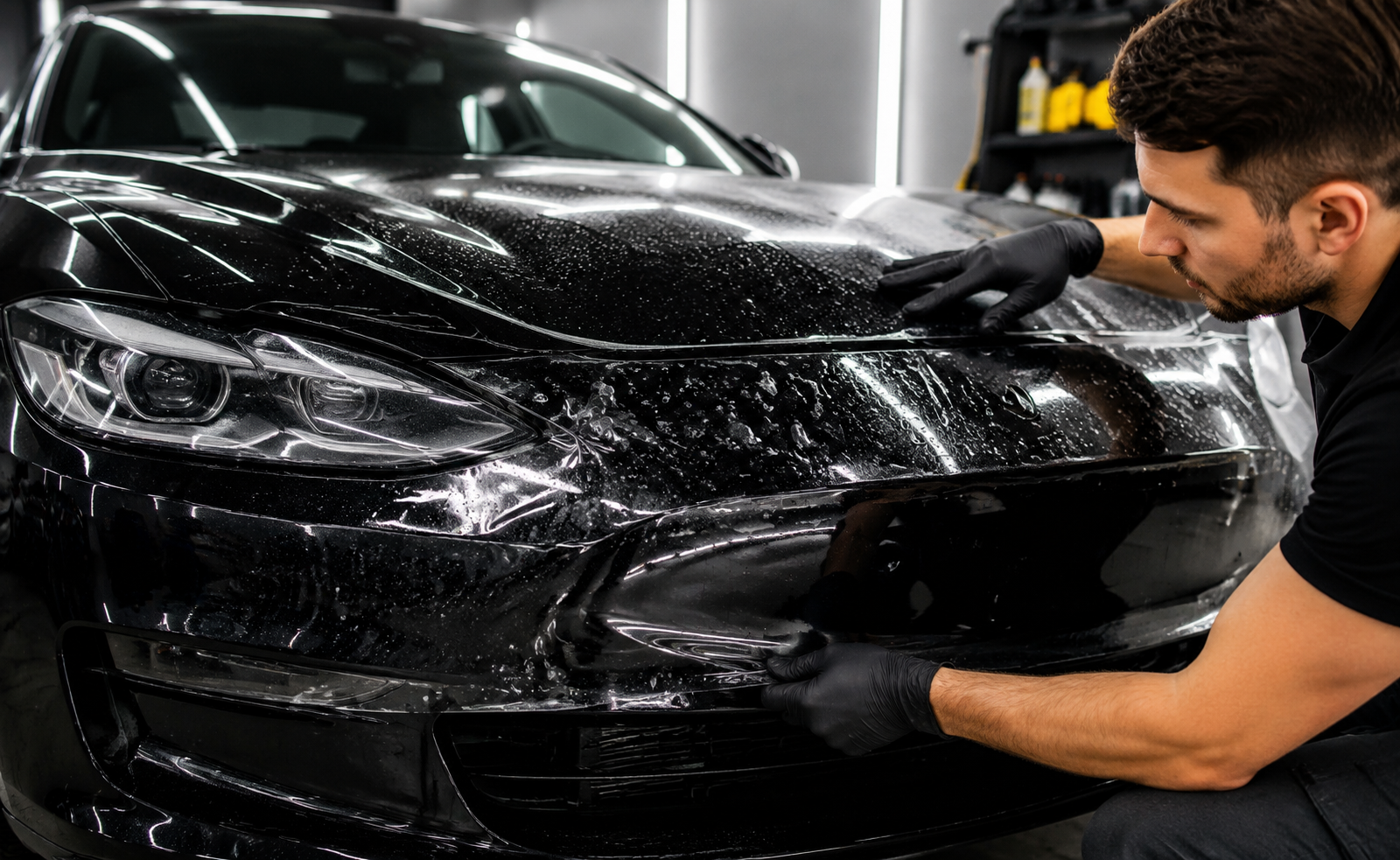 Technician installing paint protection film on a black car to protect against scratches and surface damage