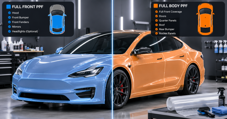 Full front PPF and full body PPF coverage comparison on a modern car in a detailing studio