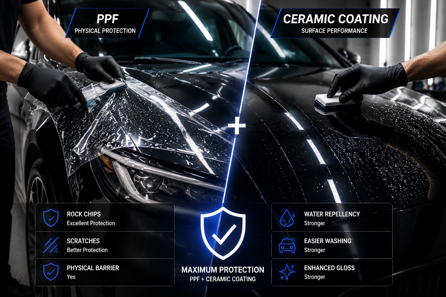 PPF and ceramic coating comparison on a black car showing paint protection film installation and ceramic coating application