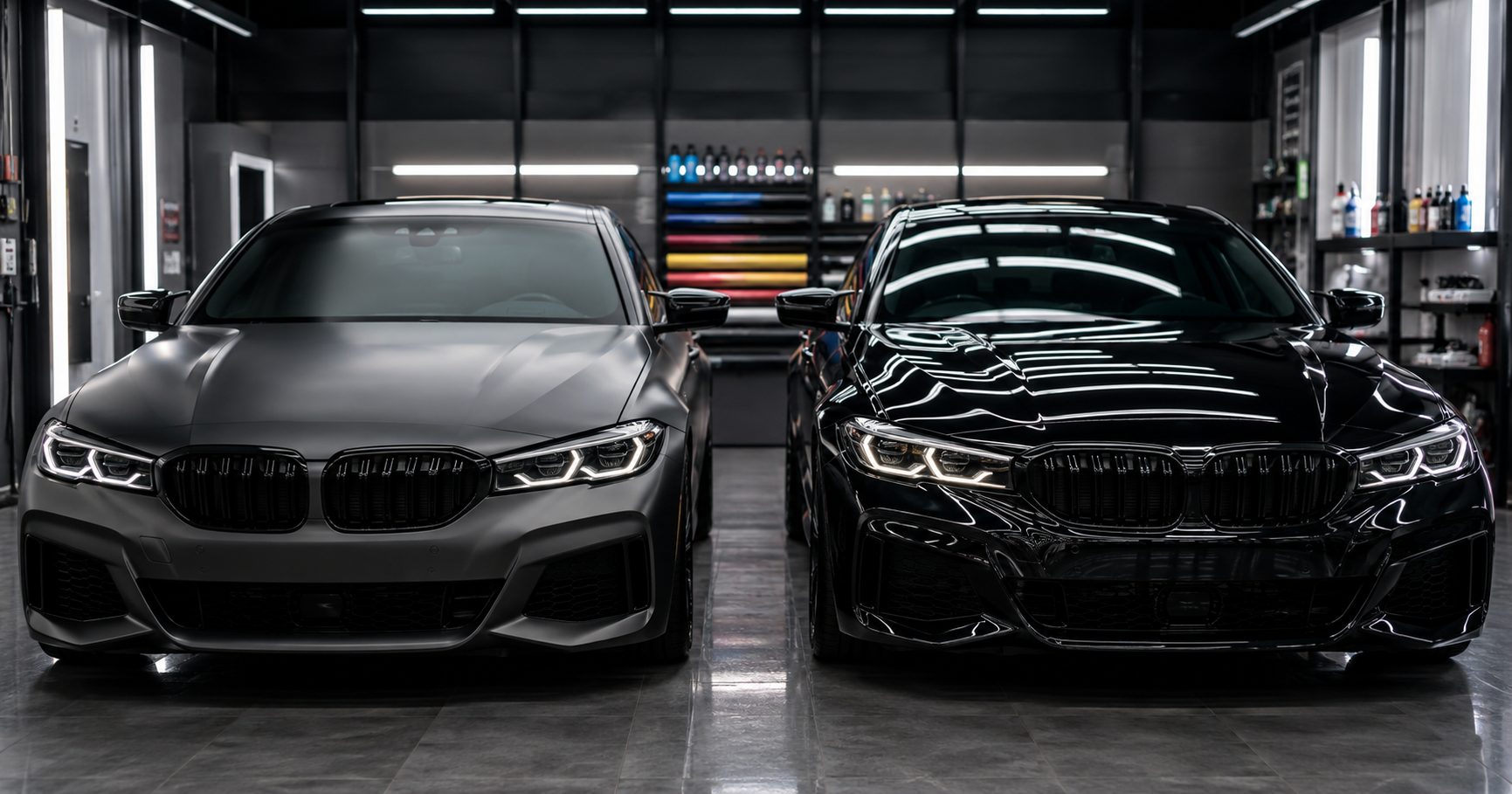 Matte gray car and glossy black car side by side in a professional wrap studio