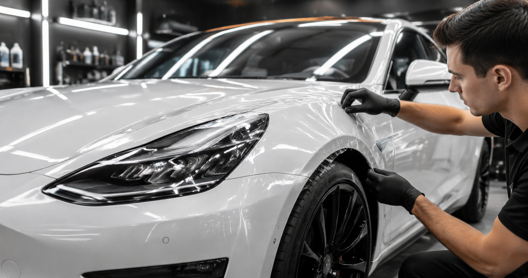 Technician installing clear paint protection film on a white car to maintain long-term clarity and prevent yellowing