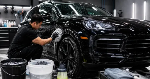 Technician hand washing a black SUV after paint protection film installation using the two-bucket wash method