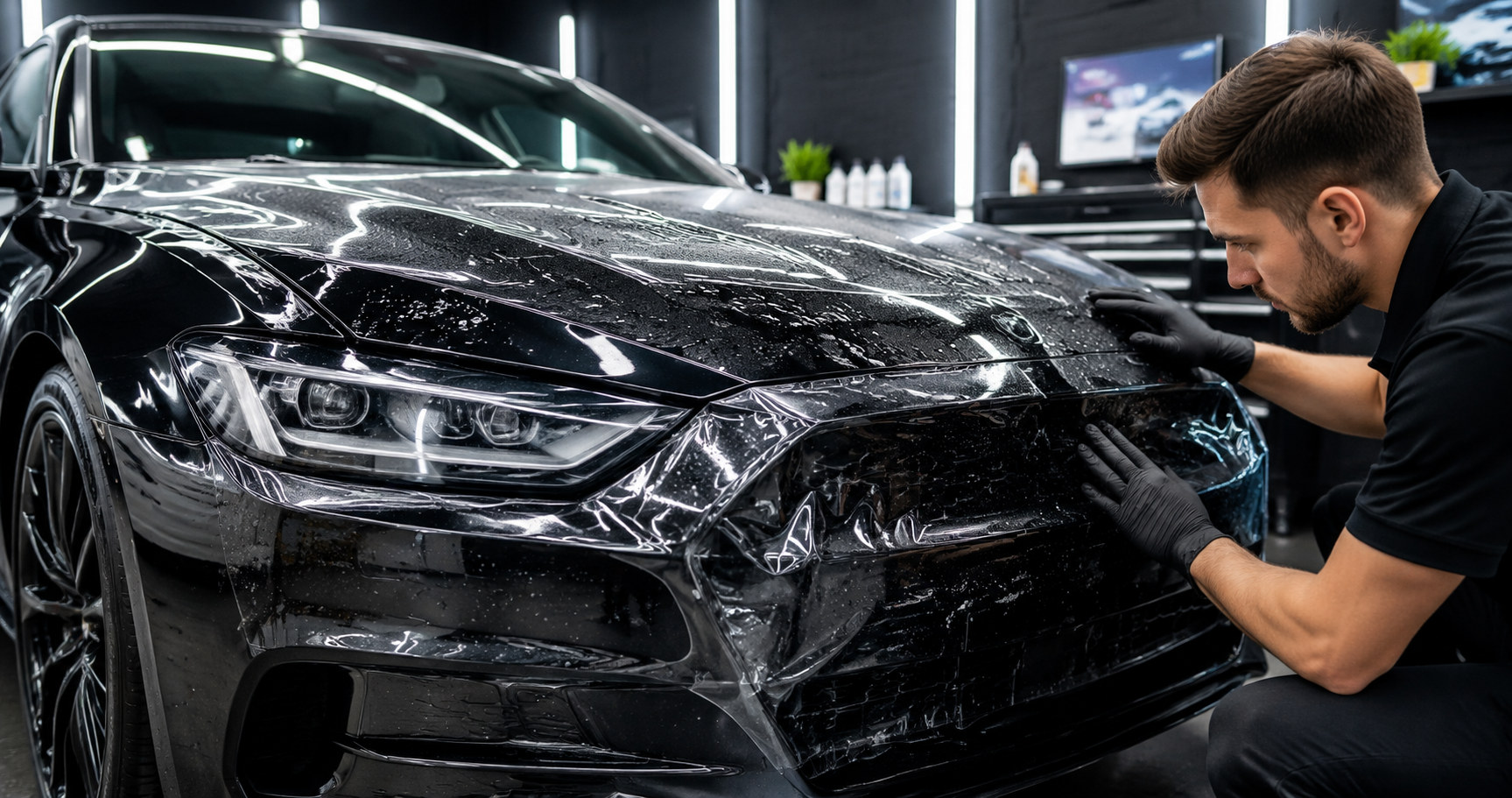 Professional installer applying paint protection film on a black car to show PPF durability and long-term protection