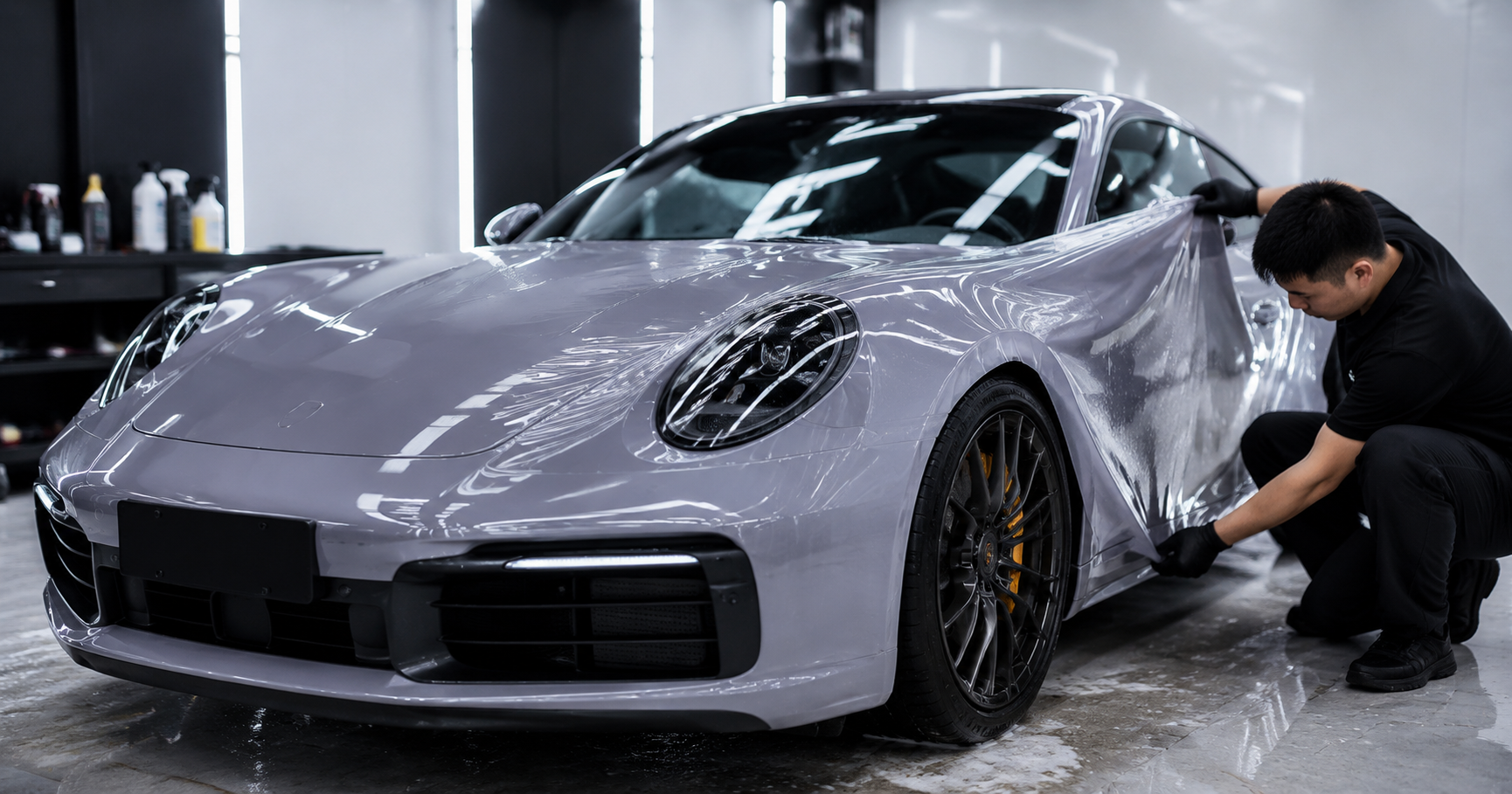 TPU color PPF installation on a luxury sports car in an automotive studio