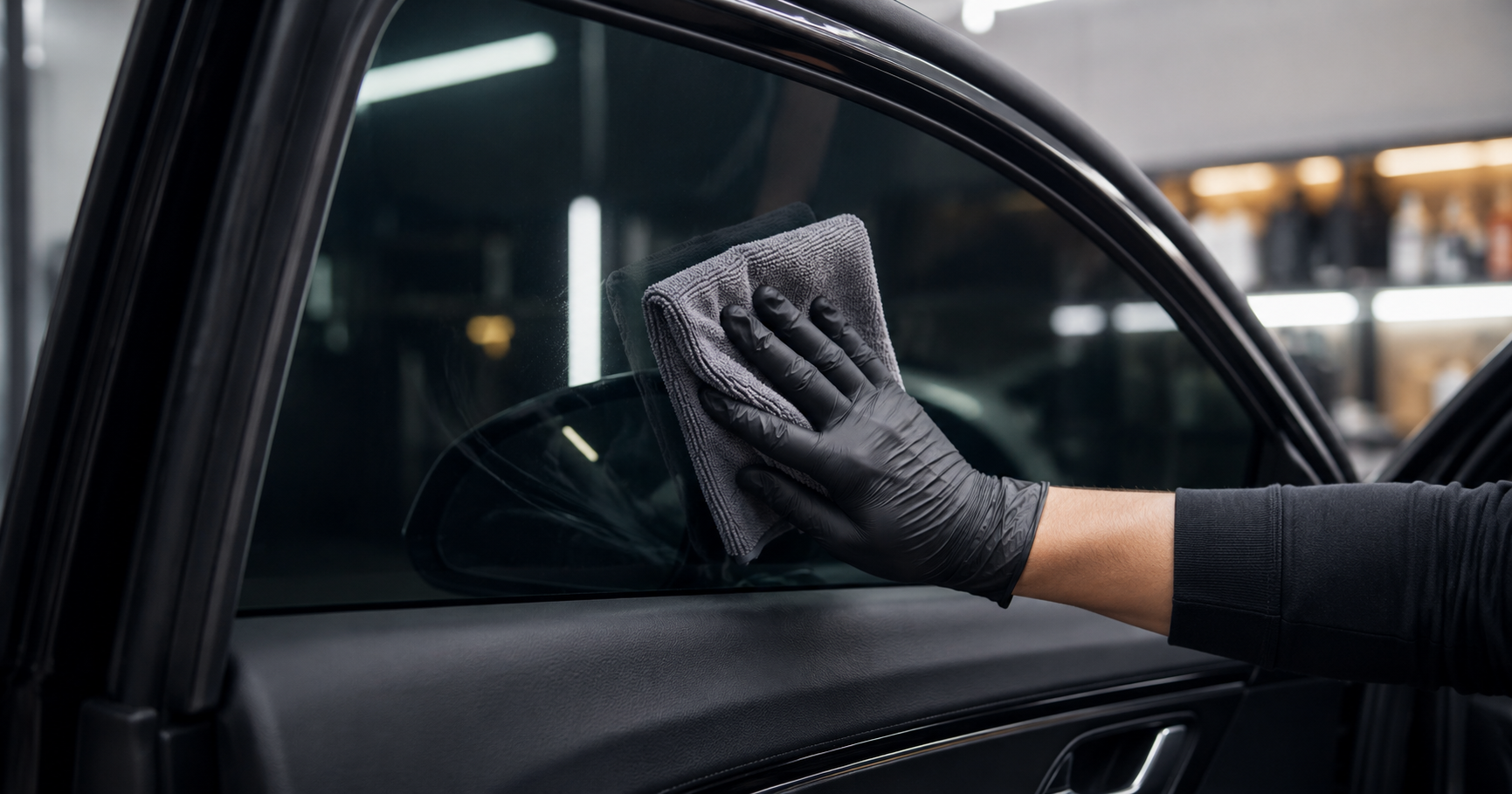 Technician cleaning tinted car window with a microfiber towel inside a professional detailing garage
