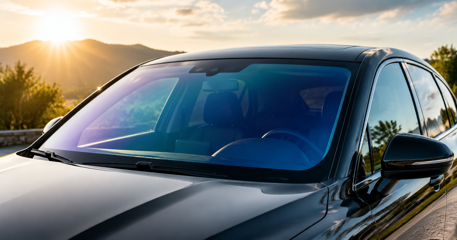Windshield tint on a modern car reducing sunlight and improving driving comfort